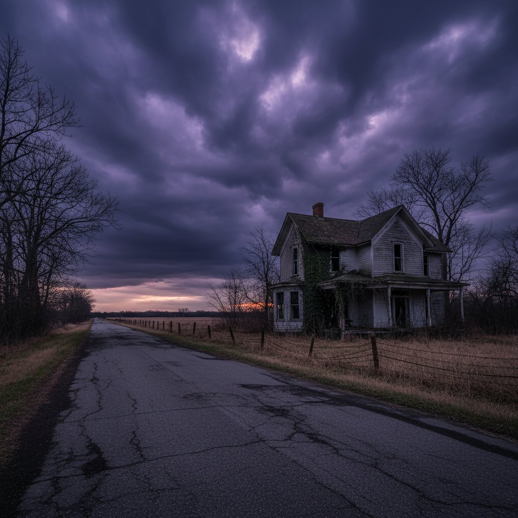 Gritty photo of an abandoned house on a rural road at dusk, ominous clouds, movie small town