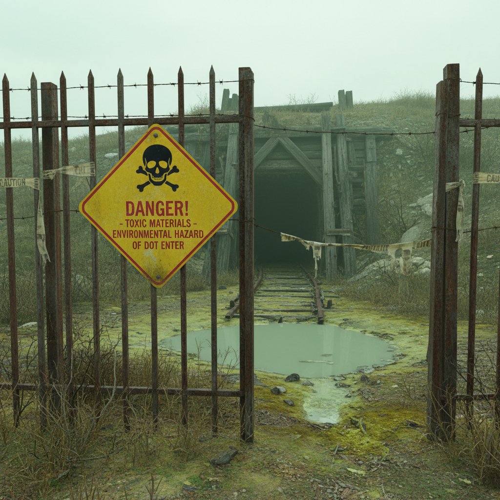 Zdjęcie opuszczonej kopalni z tablicą ostrzegawczą o toksycznych odpadach