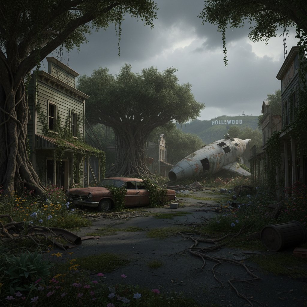 Stark photo of abandoned outdoor movie set, wild overgrowth reclaiming man-made structures