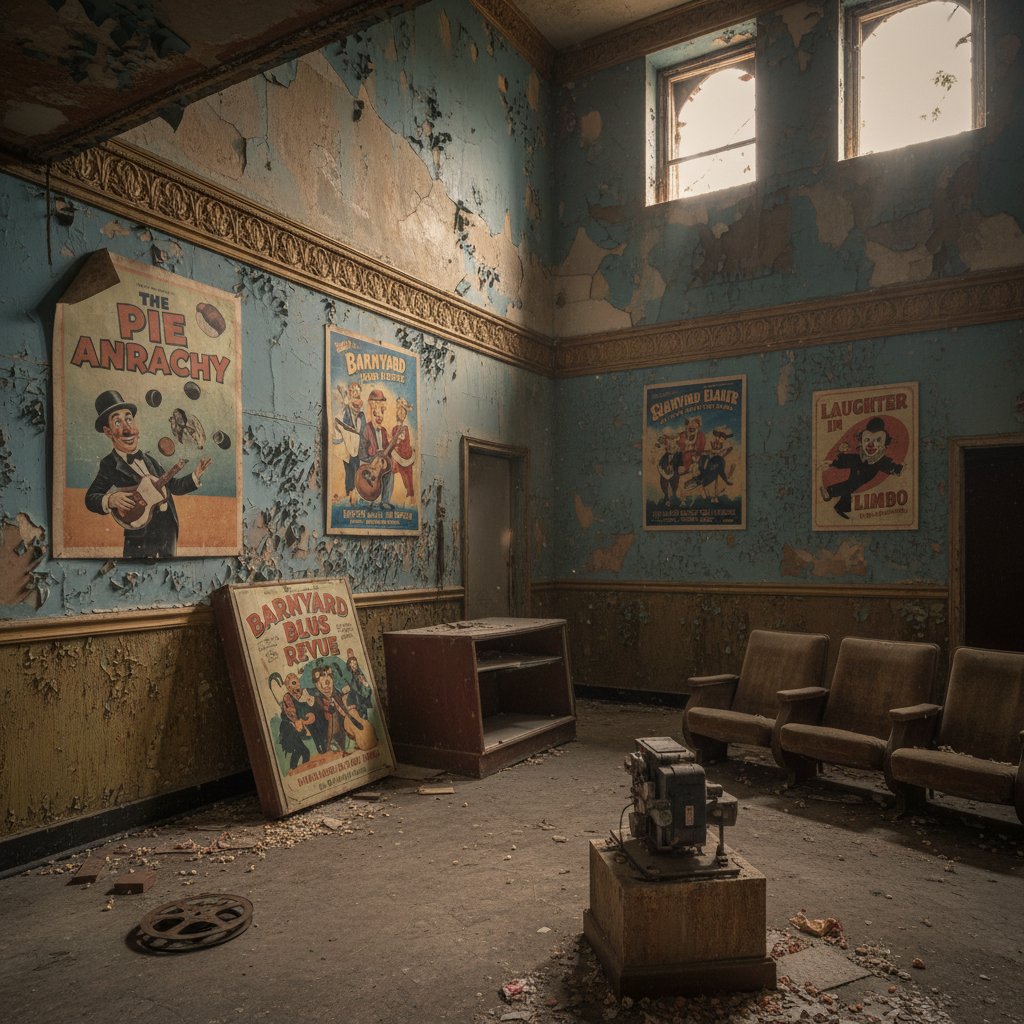 Empty theater with rare comedy movie posters fading on the walls, symbolizing forgotten movie rarely comedy movies