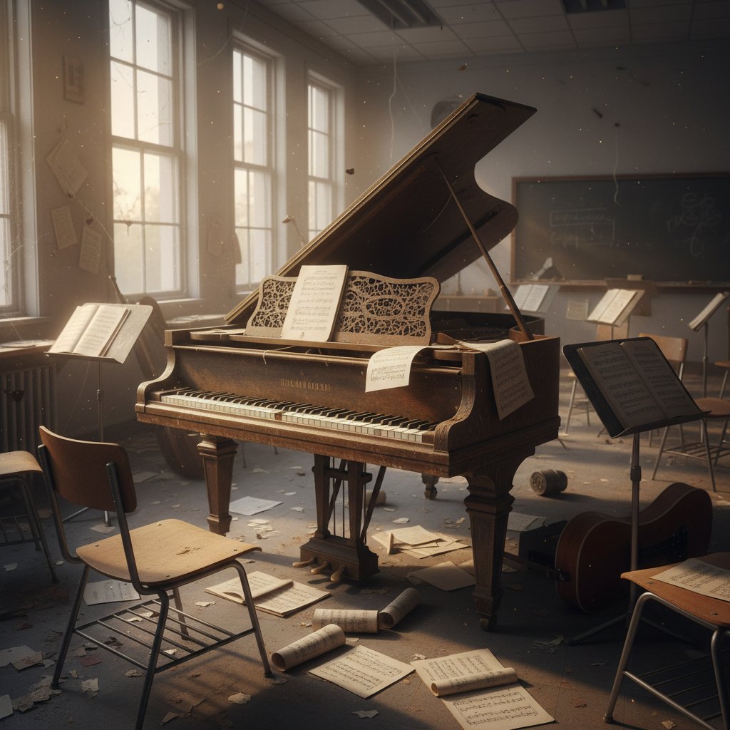 Opuszczona sala muzyczna z nutami i starym pianinem – symbol zapomnianej melodyki
