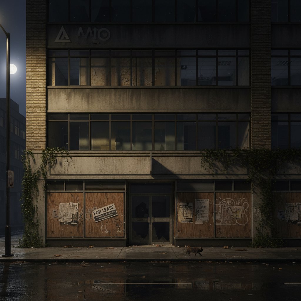 Opuszczone biuro lub pusty sklep nocą, ilustrujący upadek firmy przez złą strategię biznesową
