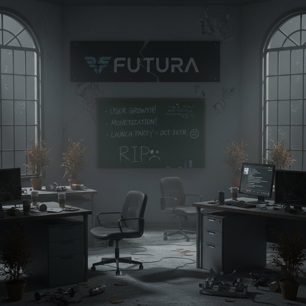 Zdjęcie opuszczonego biura start-upu, symbolizującego upadek alternatywnej platformy społecznościowej, ciemne światło, pustka