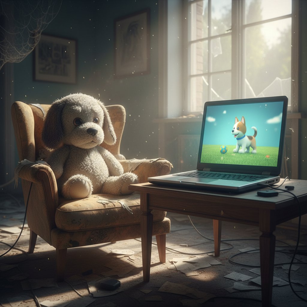 Porzucona pluszowa zabawka obok laptopa z wirtualnym psem, melancholijny klimat