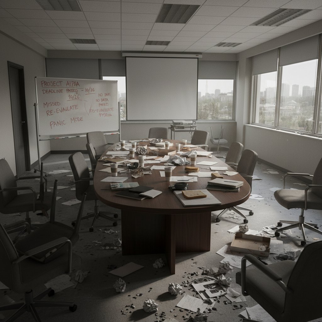 Abandoned research meeting after missed deadlines, empty conference room, scattered notes