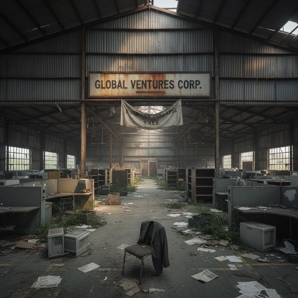 Opuszczony magazyn po upadku firmy, puste regały i ślady niedawnej działalności