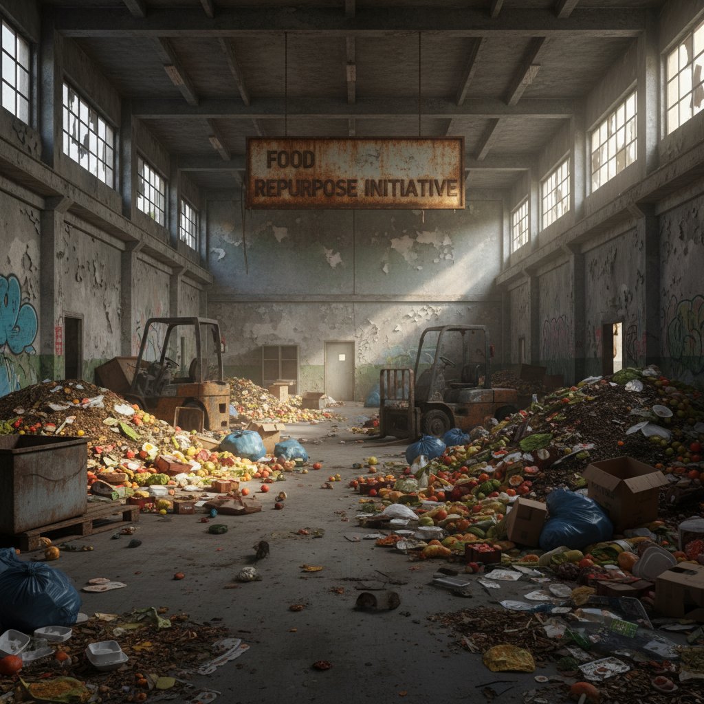 Opuszczony magazyn spożywczy z rozrzuconymi produktami, konsekwencje złej analizy danych