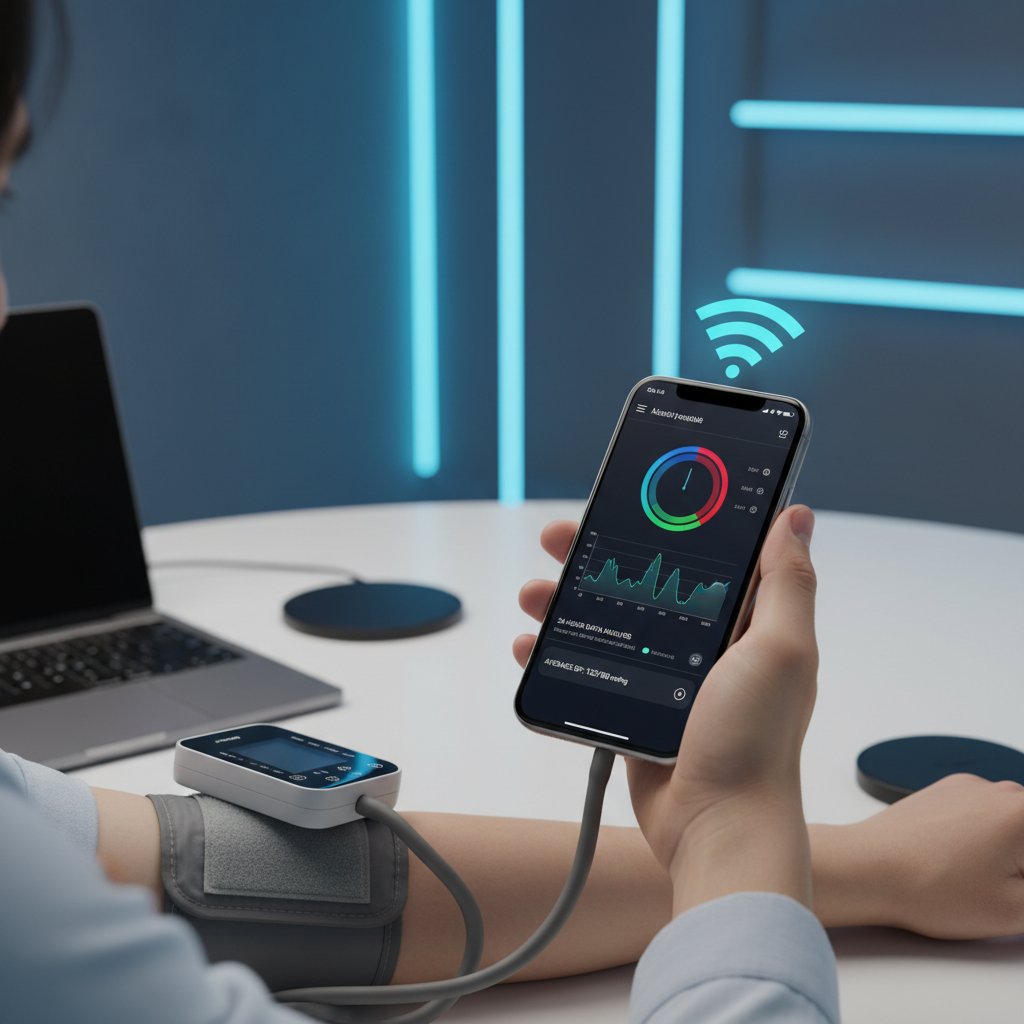 Nowoczesne urządzenie ABPM sparowane ze smartfonem, ekran wyświetlający analizę danych