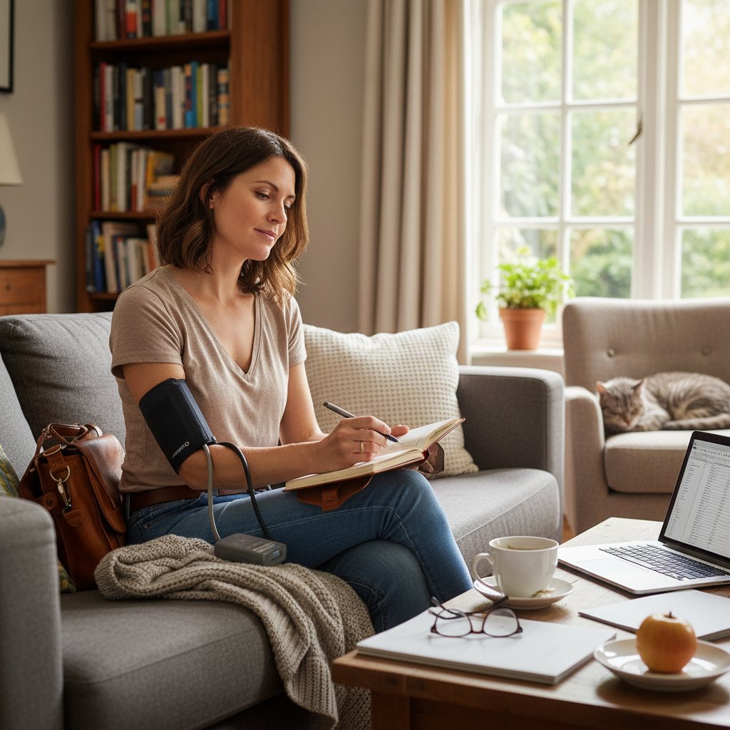 Pacjent notujący w dzienniku podczas noszenia ABPM, w tle codzienna aktywność domowa