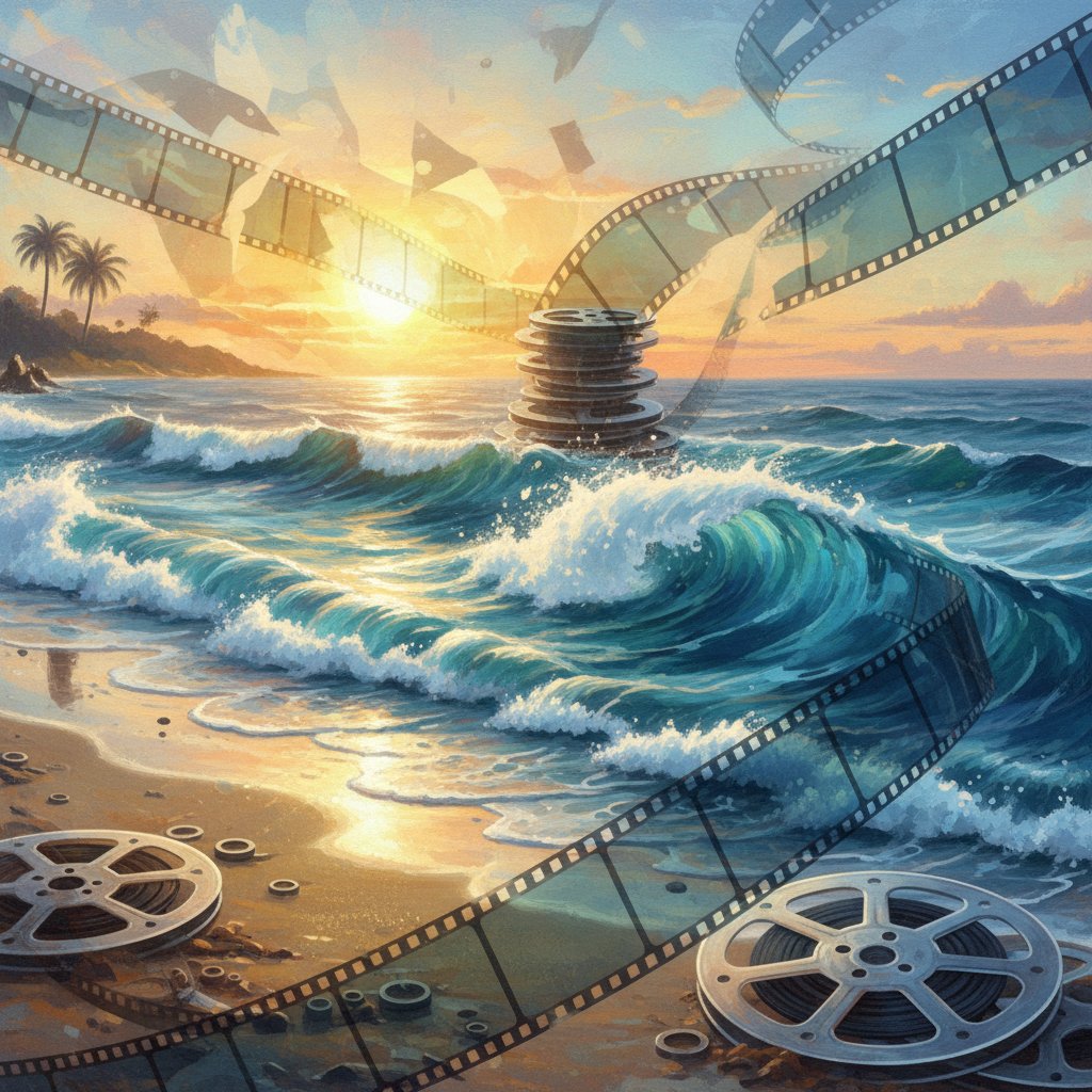 Abstract, evocative beach scene blending film reels and ocean waves, symbolic of film and sea merging at sunrise
