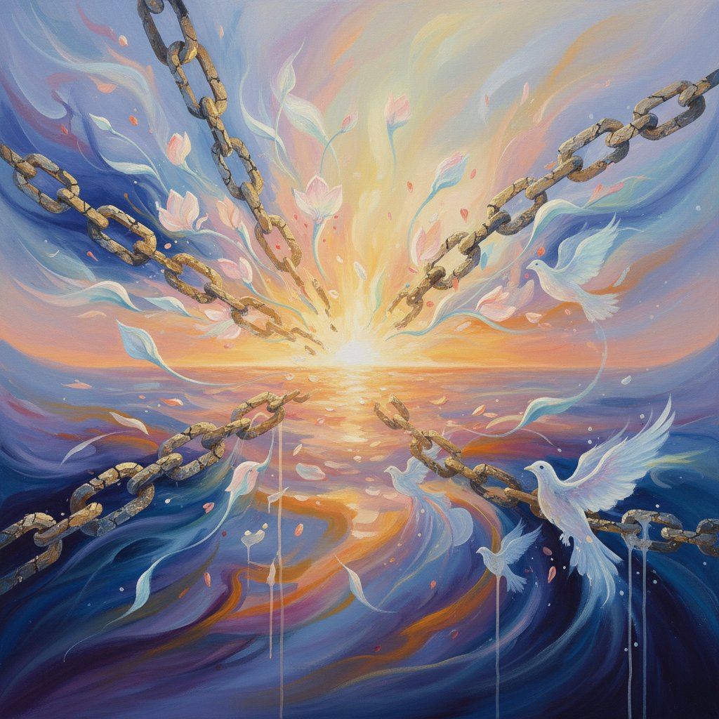 Symboliczny motyw pękających łańcuchów, nowy świt, nadzieja po wyjściu z traumy