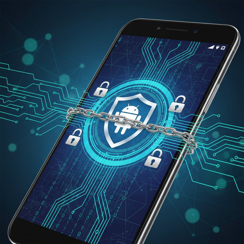 Abstrakcyjna wizualizacja prywatności danych w aplikacjach mobilnych na Androidzie, cyfrowe kłódki, interfejs Androida