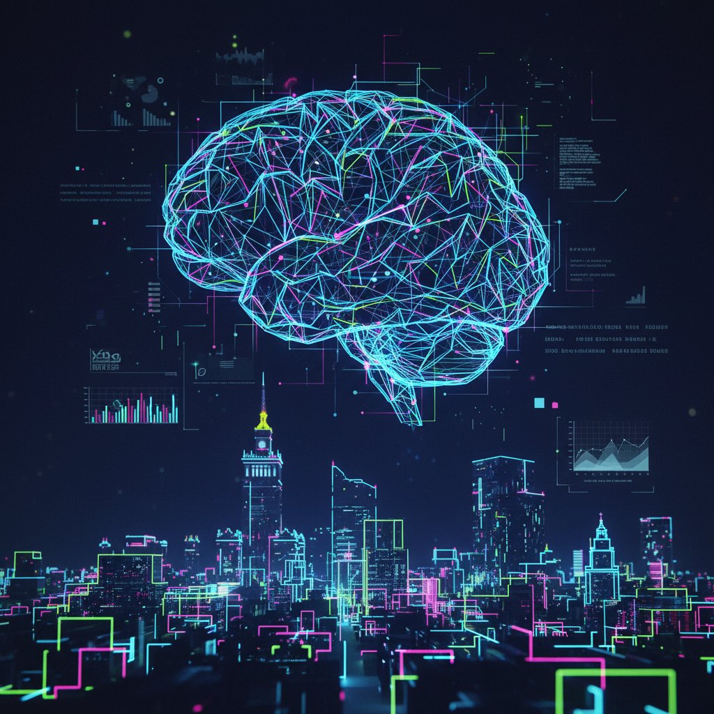 Sztuczna inteligencja w polskiej rzeczywistości czatu online, cyfrowy mózg, neonowe kolory