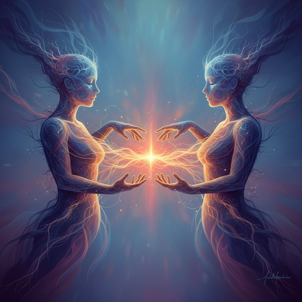 Abstrakcyjna ilustracja połączenia emocjonalnego na odległość – połączone światłem dwie sylwetki