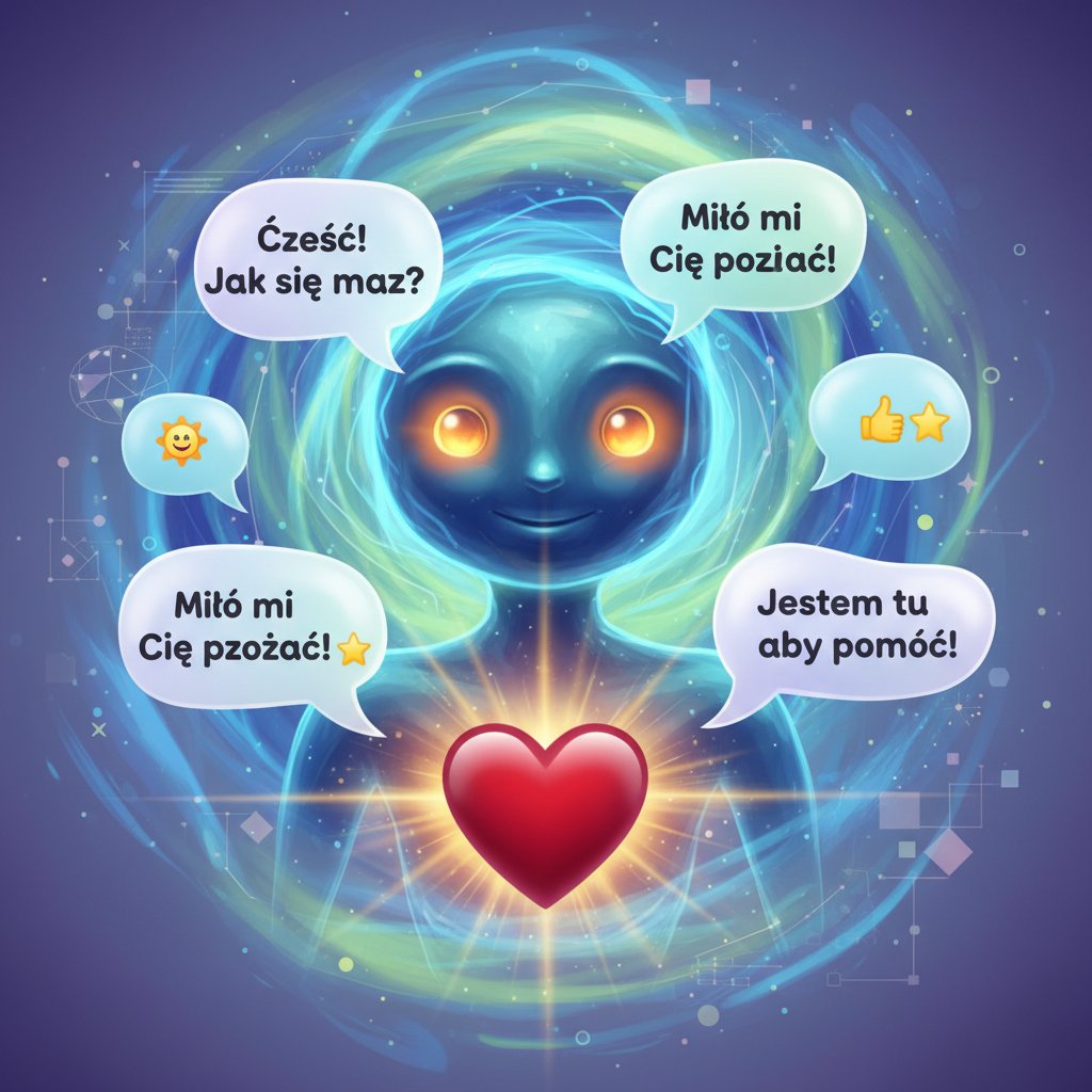 Abstrakcyjna ilustracja AI jako przyjaciela online z sercem, polskie dymki czatu