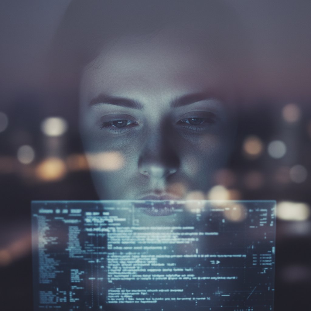 Emocjonalne skutki samotności cyfrowej – portret twarzy rozświetlonej ekranem, rozmyte tło