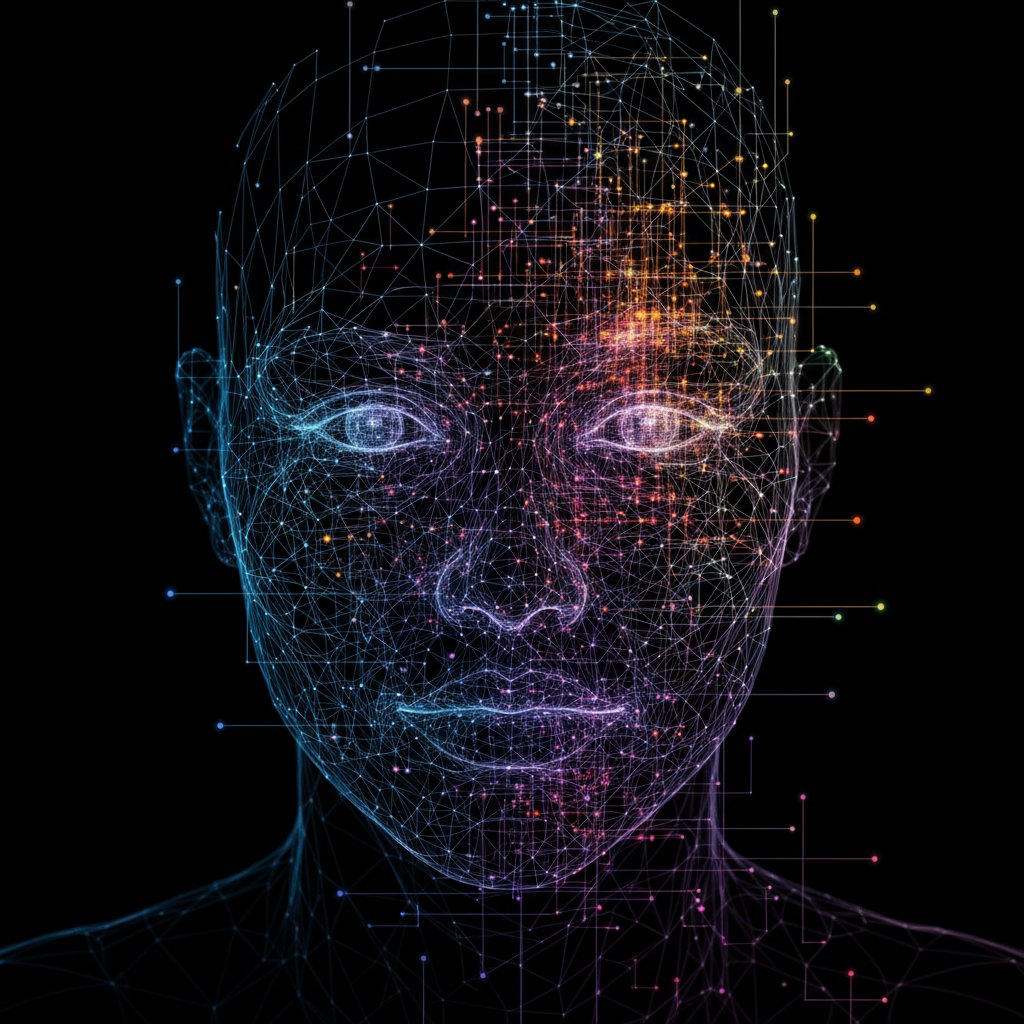 Nowoczesne technologie w psychoterapii, abstrakcyjne zdjęcie, sieć neuronowa na ludzkiej twarzy