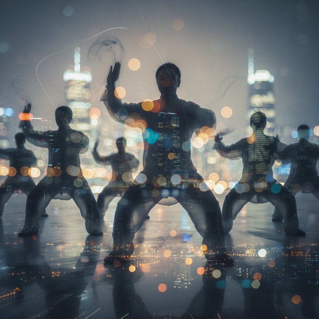 Tai chi – ruch, który zmienia więcej niż ciało: abstrakcyjne sylwetki w pozycji tai chi, światła miasta, aura tajemnicy