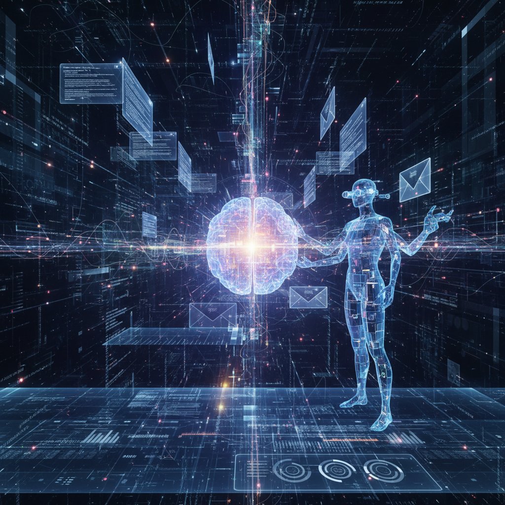 Abstract AI figure collaborating with employees through email threads, illustrating data processing assistant in action