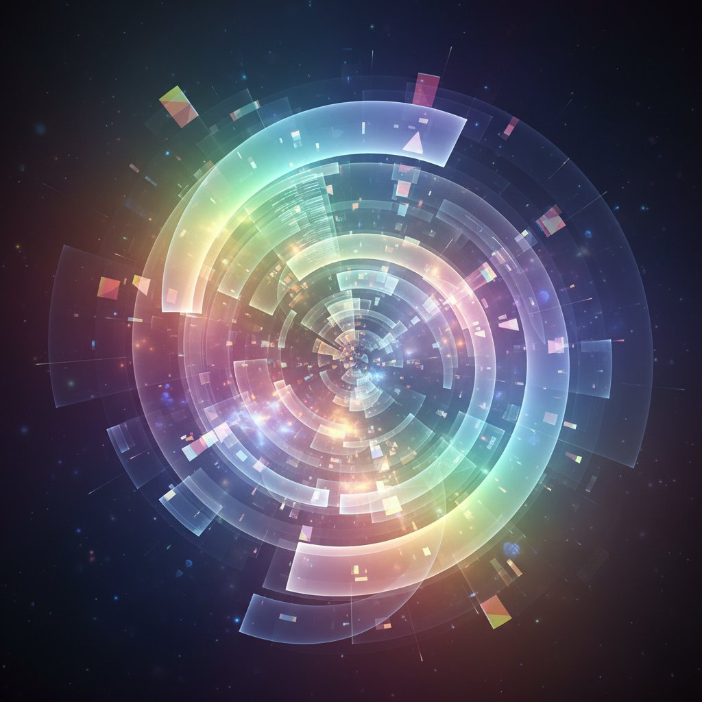 Abstrakcyjna kompozycja AI i interfejsów cyfrowych z motywami tęczy, futurystyczny styl