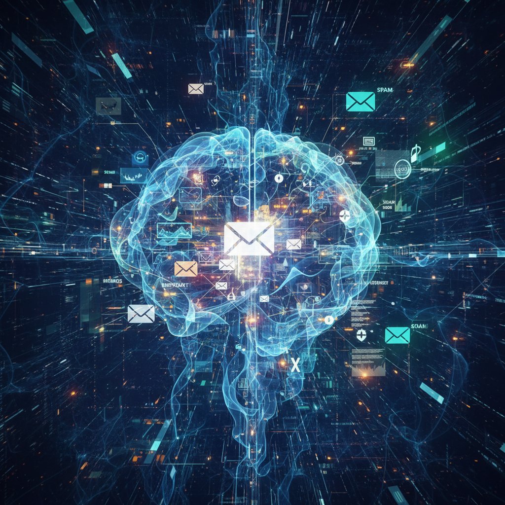 AI system interprets complex email patterns, abstract visualization of digital intelligence acting as email coordinator