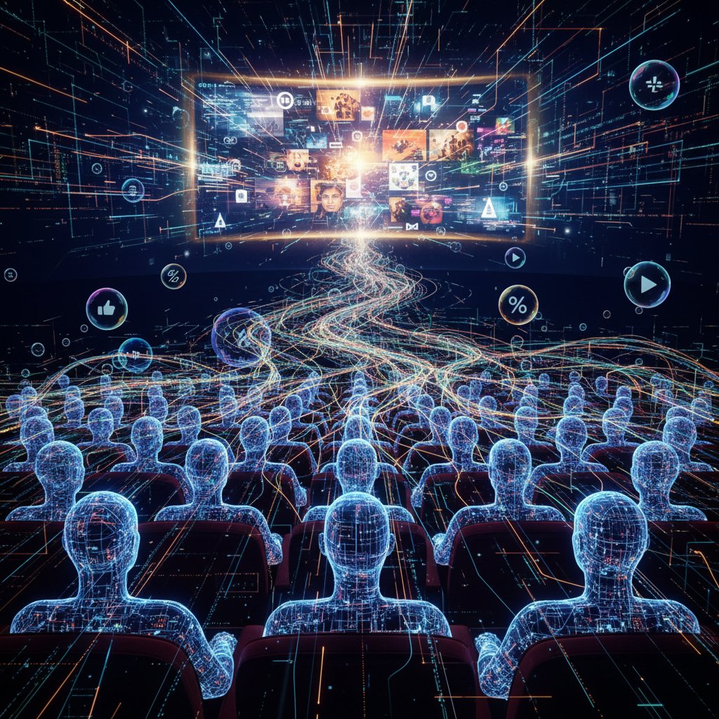 AI analyzing movie audience data, algorithms visualized, movie demographics