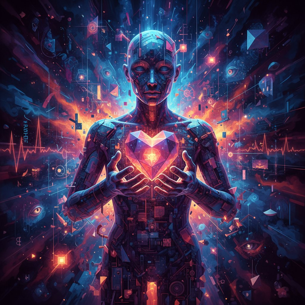 Sztuczna inteligencja a przyszłość relacji online – abstrakcyjny awatar AI trzymający serce