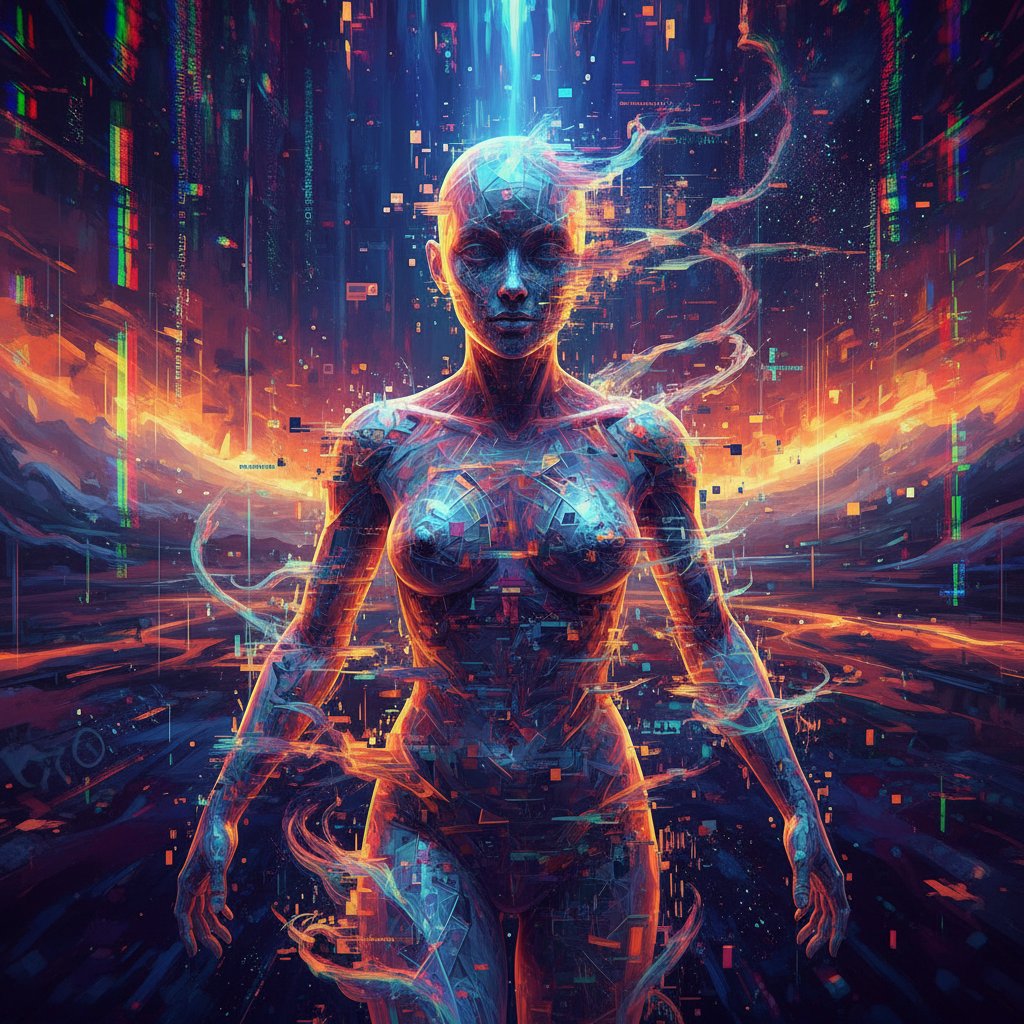 Zniekształcona twarz cyfrowej postaci – symbol halucynacji AI.