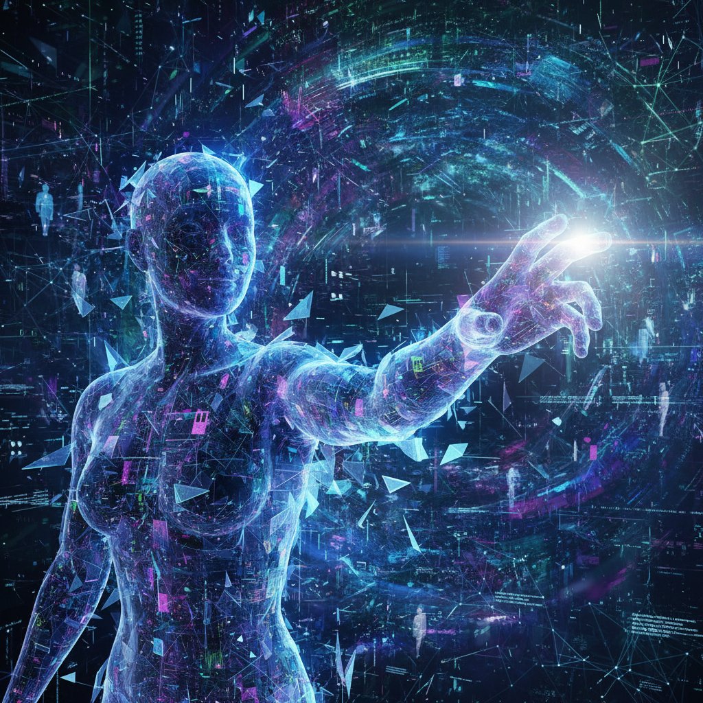 AI jako wsparcie w walce z samotnością. Abstrakcyjny awatar AI wyciągający rękę do ludzkiej dłoni