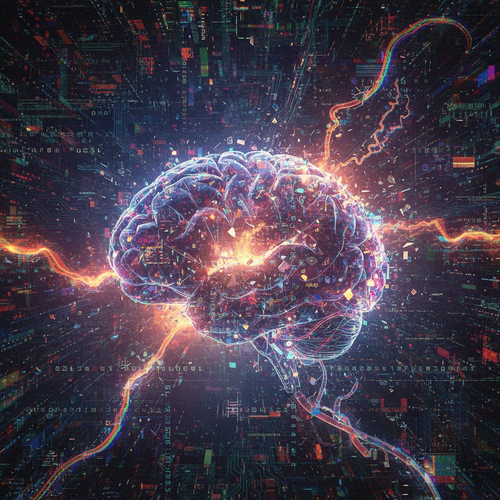 Ryzyka i wyzwania etyczne kreatywności AI – zdjęcie abstrakcyjnego mózgu AI z fragmentami „glitch”