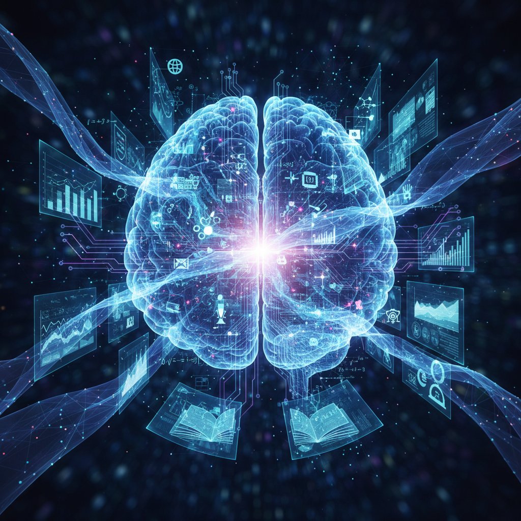 Abstract AI brain visualizing complex academic data and virtual research tools