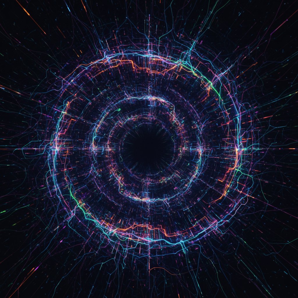 Sztuczna sieć neuronowa jako labirynt, zawiłe połączenia, ciemne tło, neonowe akcenty
