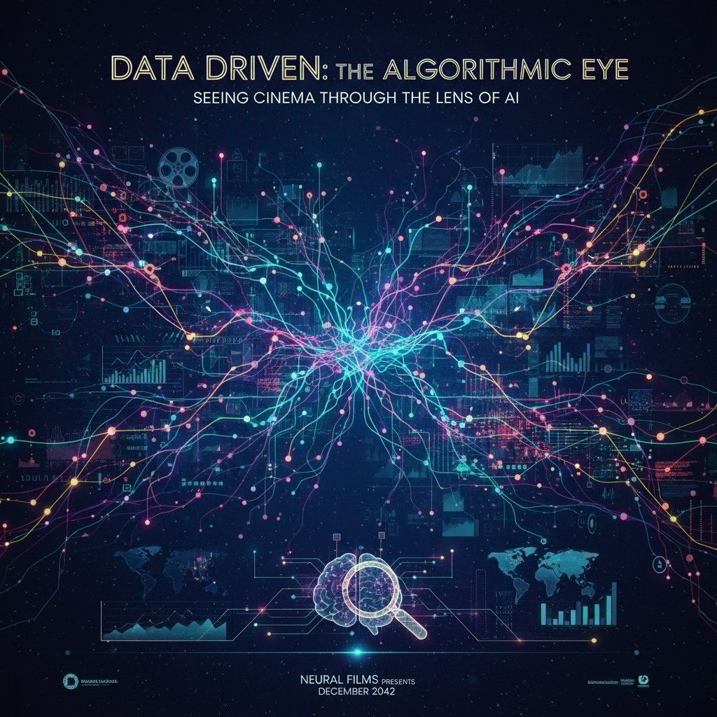 Abstract AI neural network visualizing movie poster analysis, data-driven recommendation system