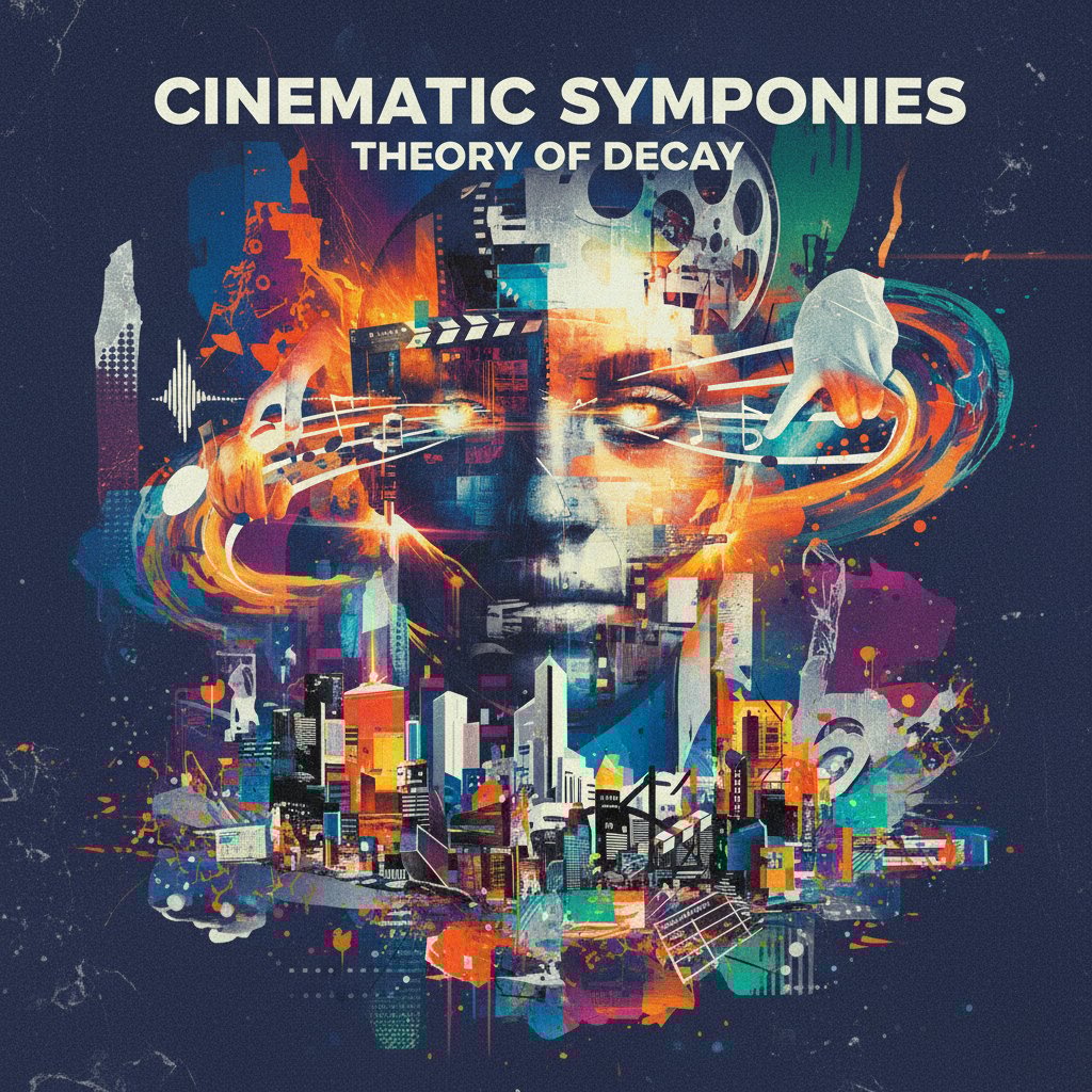 Collage of abstract film scenes blended with iconic album covers, bold colors, surreal visuals