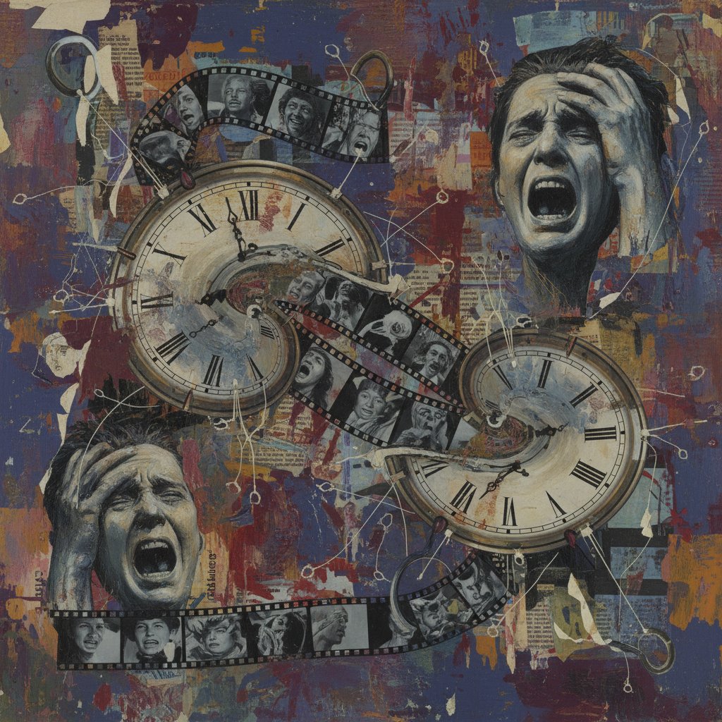 Abstract collage of distorted clocks, film reels, and anguished faces