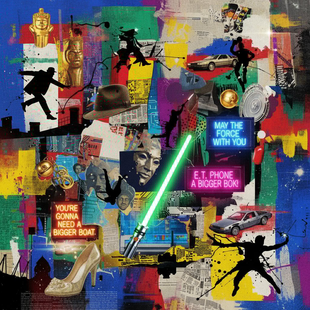 Abstract collage of iconic movie props and symbols, layered textures, bold colors, best movie moments