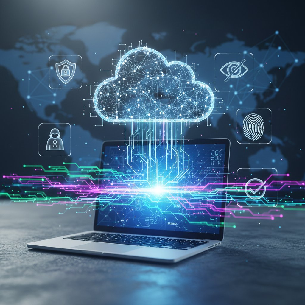 Dane osobowe w analizie psychologicznej online: strumienie danych wypływające z laptopa do chmury z ikonami prywatności