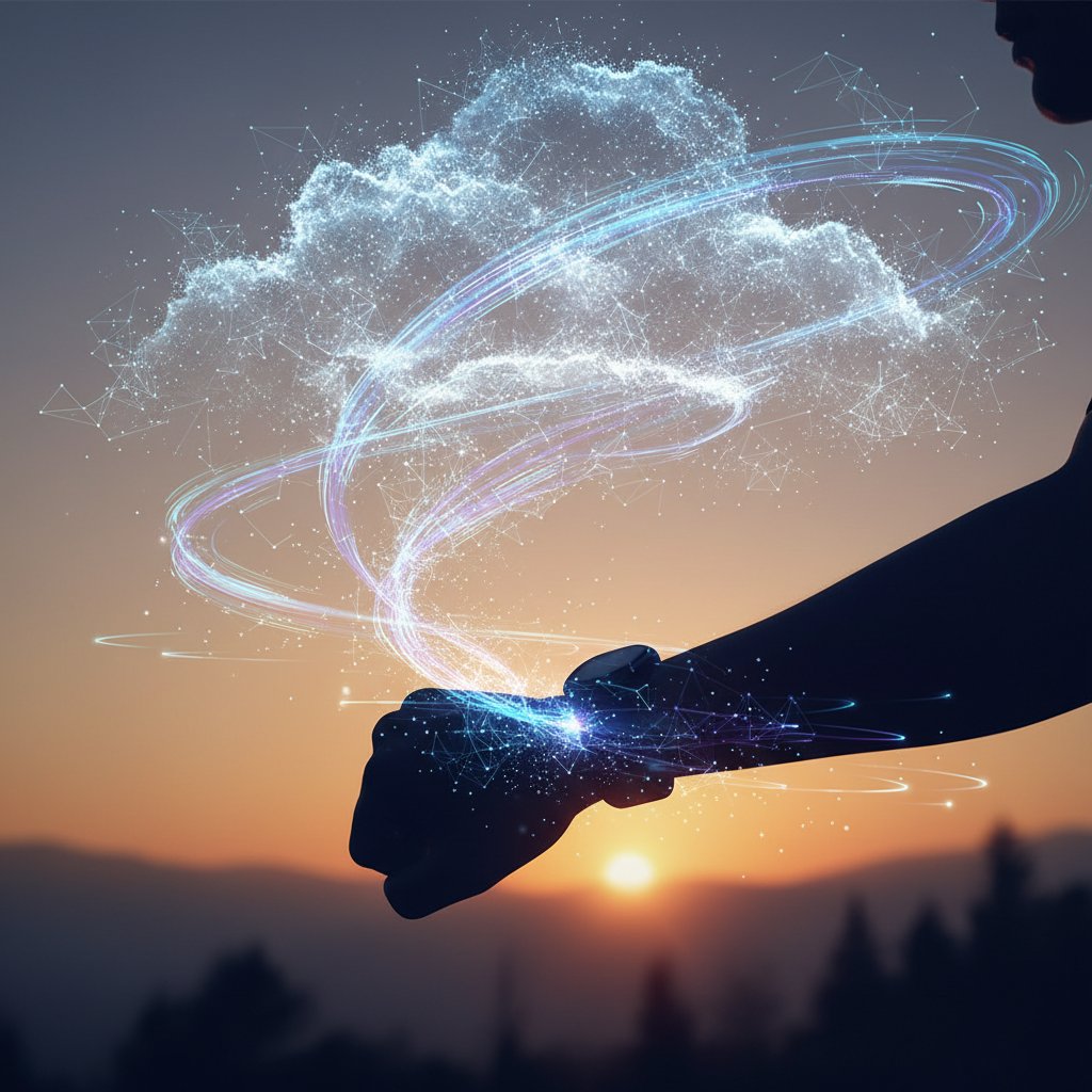 Przepływ danych z urządzenia fitness do chmury – sylwetka sportowca na tle abstrakcyjnych danych