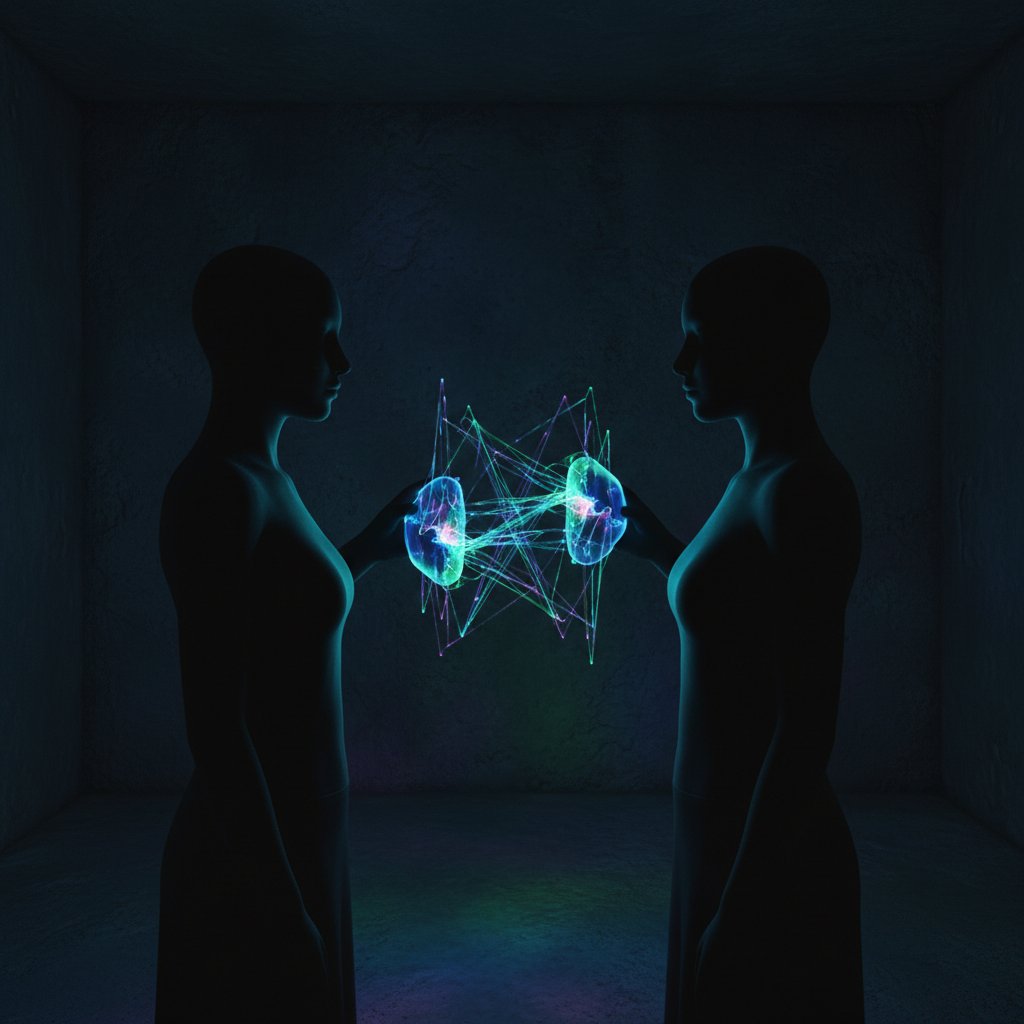 Anonimowe postacie rozmawiające przez urządzenia cyfrowe w ciemnym pokoju
