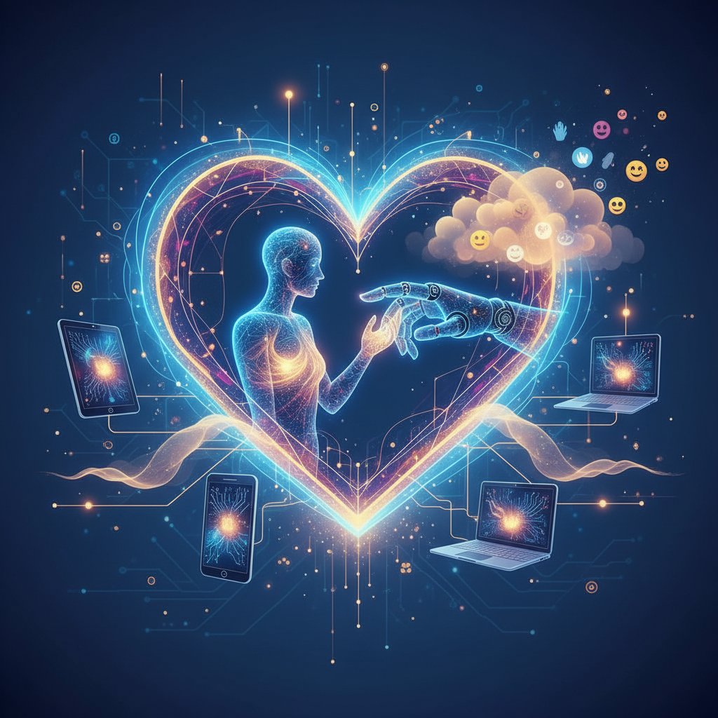 Symboliczne połączenie technologii i człowieka, wsparcie emocjonalne AI