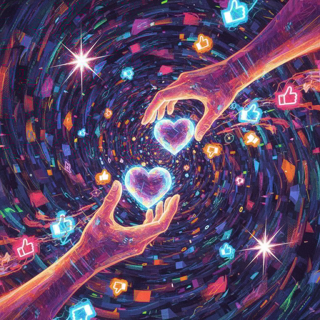 Cyfrowe ikony zamieniające się w ludzkie dłonie