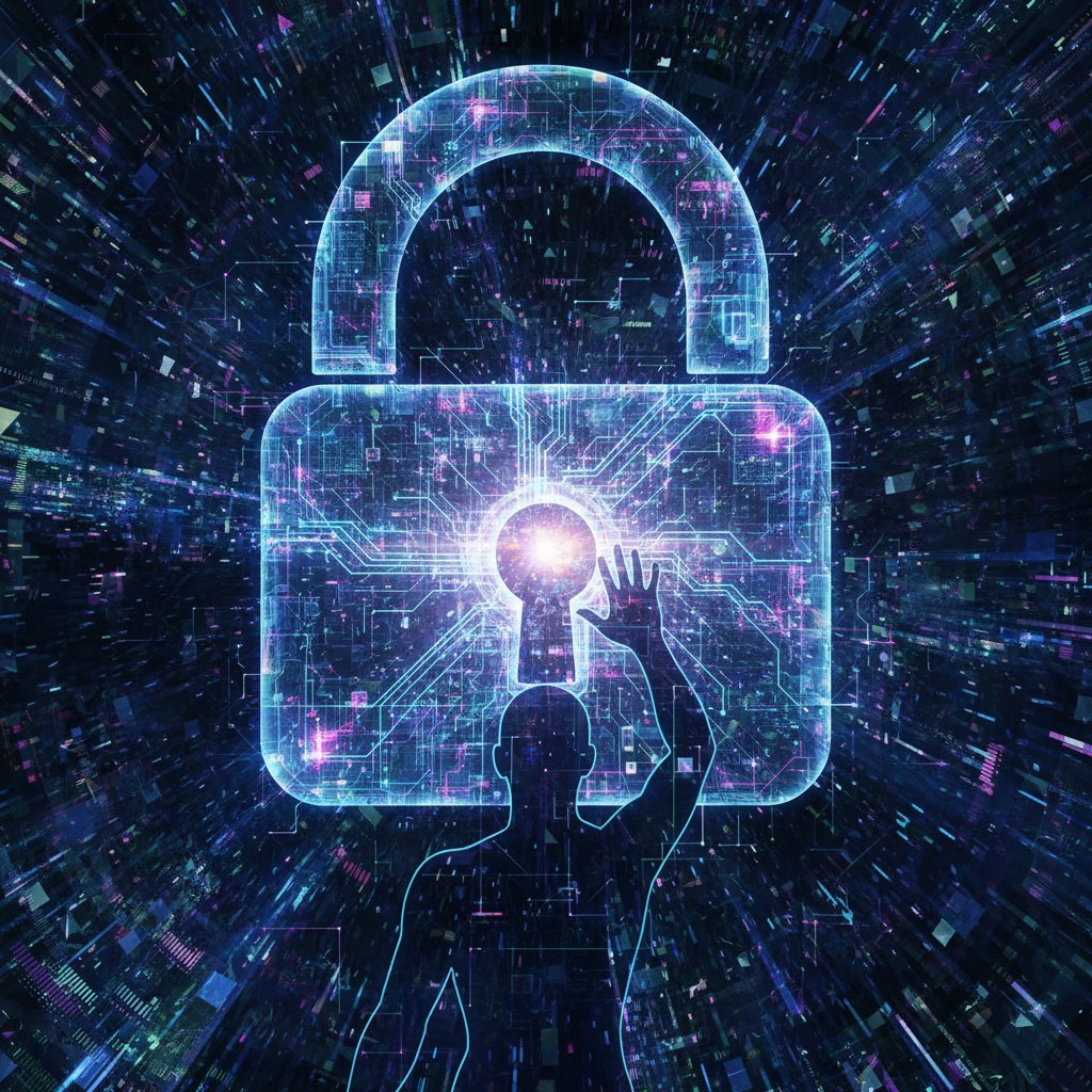 Abstraktes digitales Schloss über Silhouette eines Menschen, symbolischer Datenschutz bei digitaler Psychoedukation