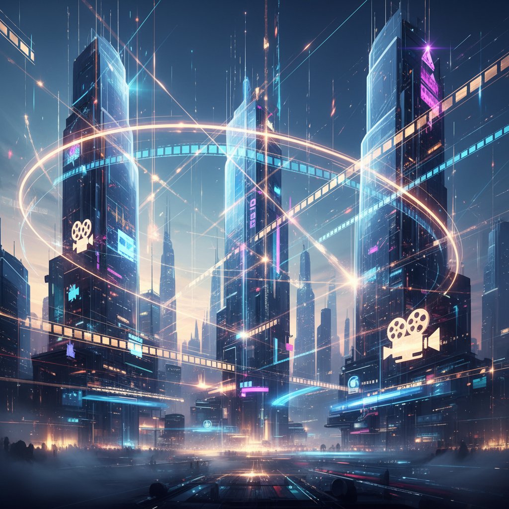 Abstract futuristic cityscape with film motifs and beams of light, hopeful ambitious pure cinema future