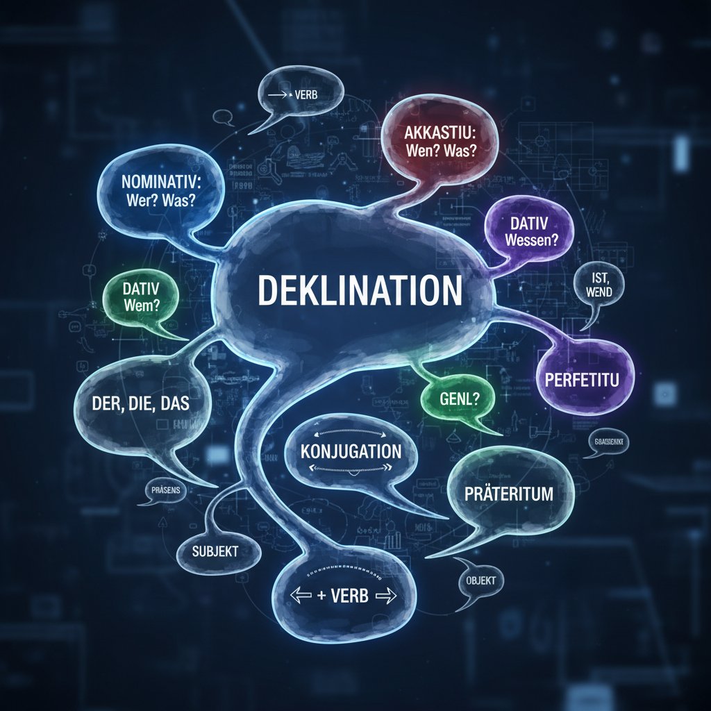 Abstrakcyjne połączenie skomplikowanych zasad gramatycznych niemieckiego zamieniające się w klarowne dymki mowy