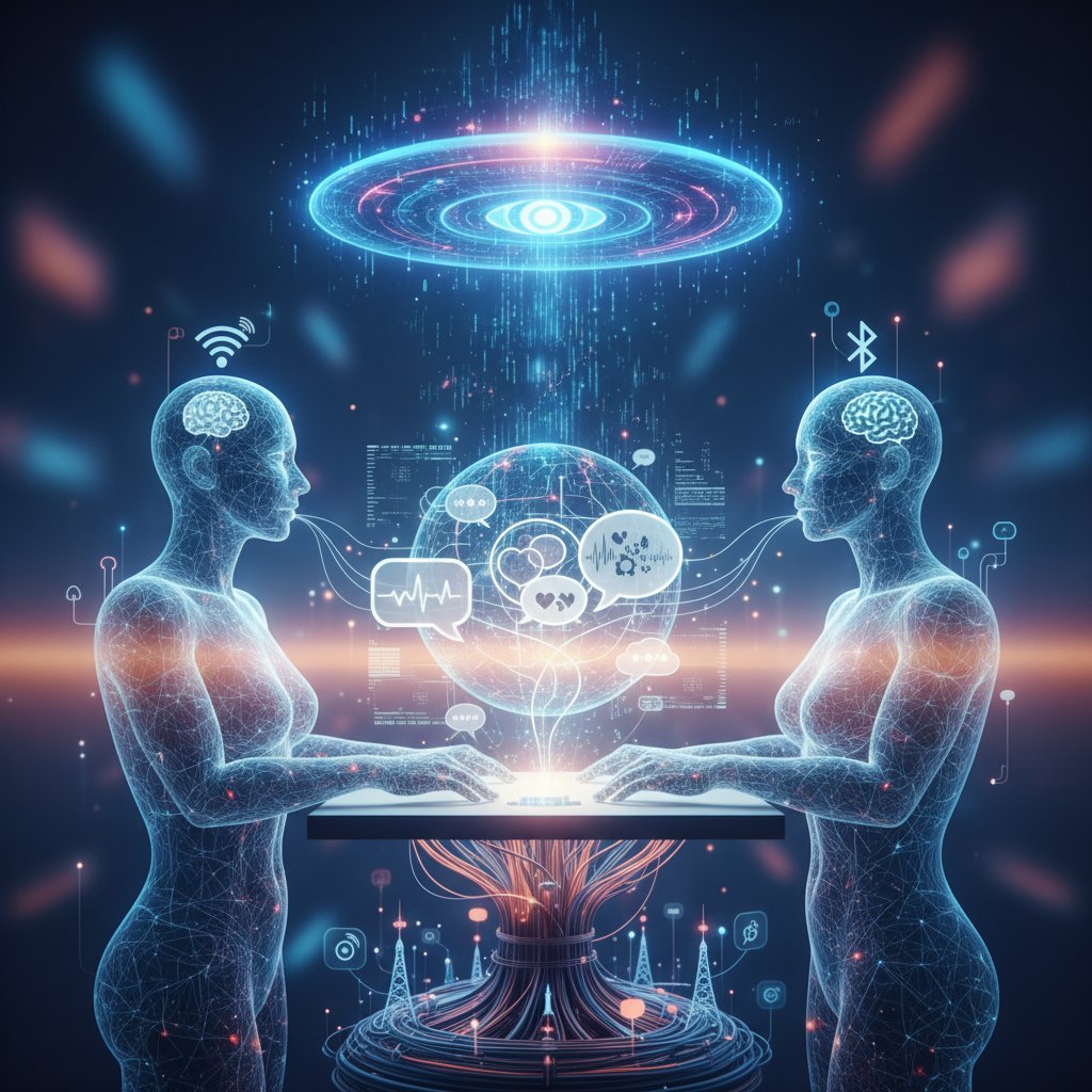 Abstract photo visualization of humans and AI communicating, symbolizing AI relationship coaching and communication