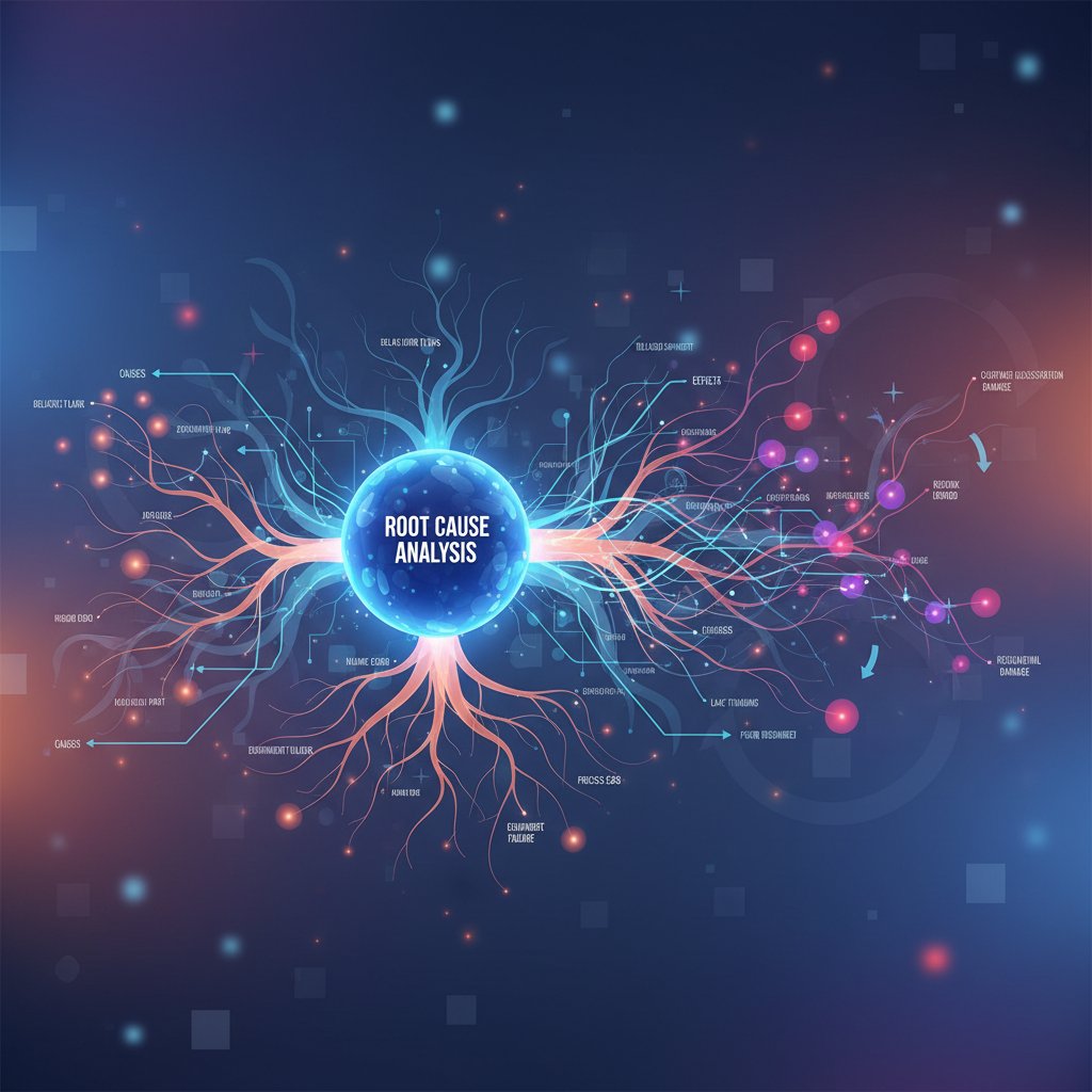 Abstract graphic showing interconnected causes and effects, symbolizing root cause analysis for support issues