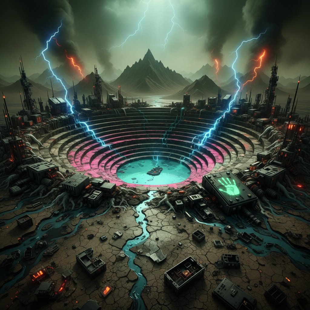 Abstract photo of a lithium mine under stark lighting, environmental impact, hybrid battery mining, 16-9