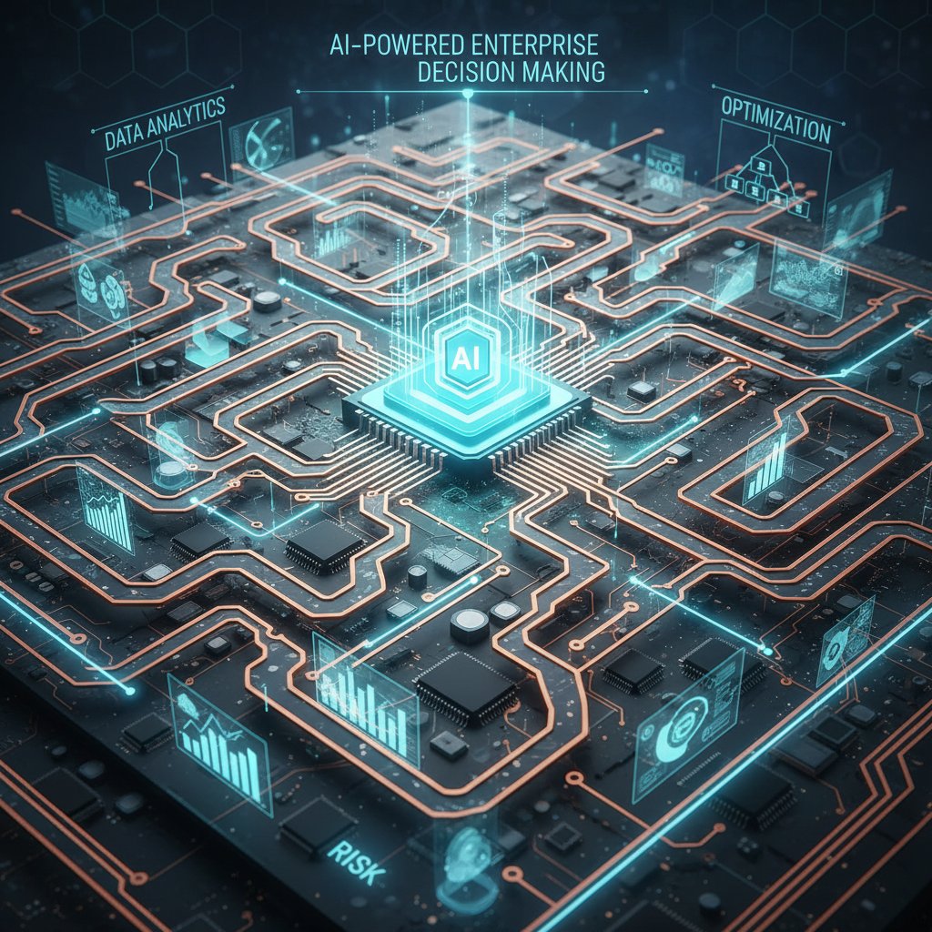 Abstract maze merging with circuit board, symbolizing complexity of AI enabled enterprise decision making