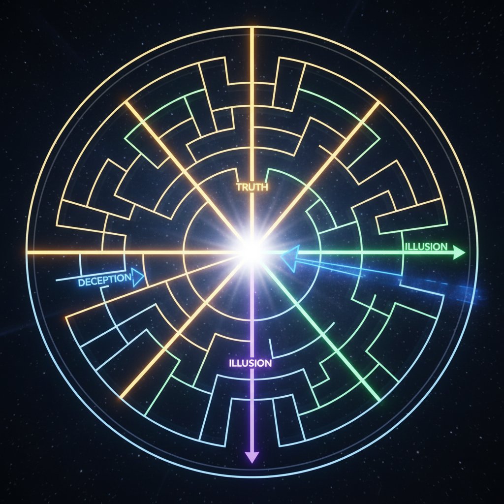 Abstract maze design with single path illuminated, metaphor for narrative misdirection in psychological thrillers