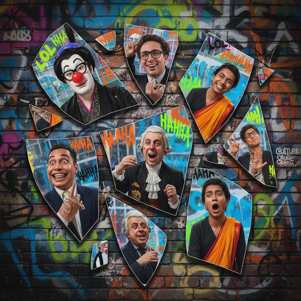 Comedy as a cultural disruptor, abstract mirror splitting into distorted reflections